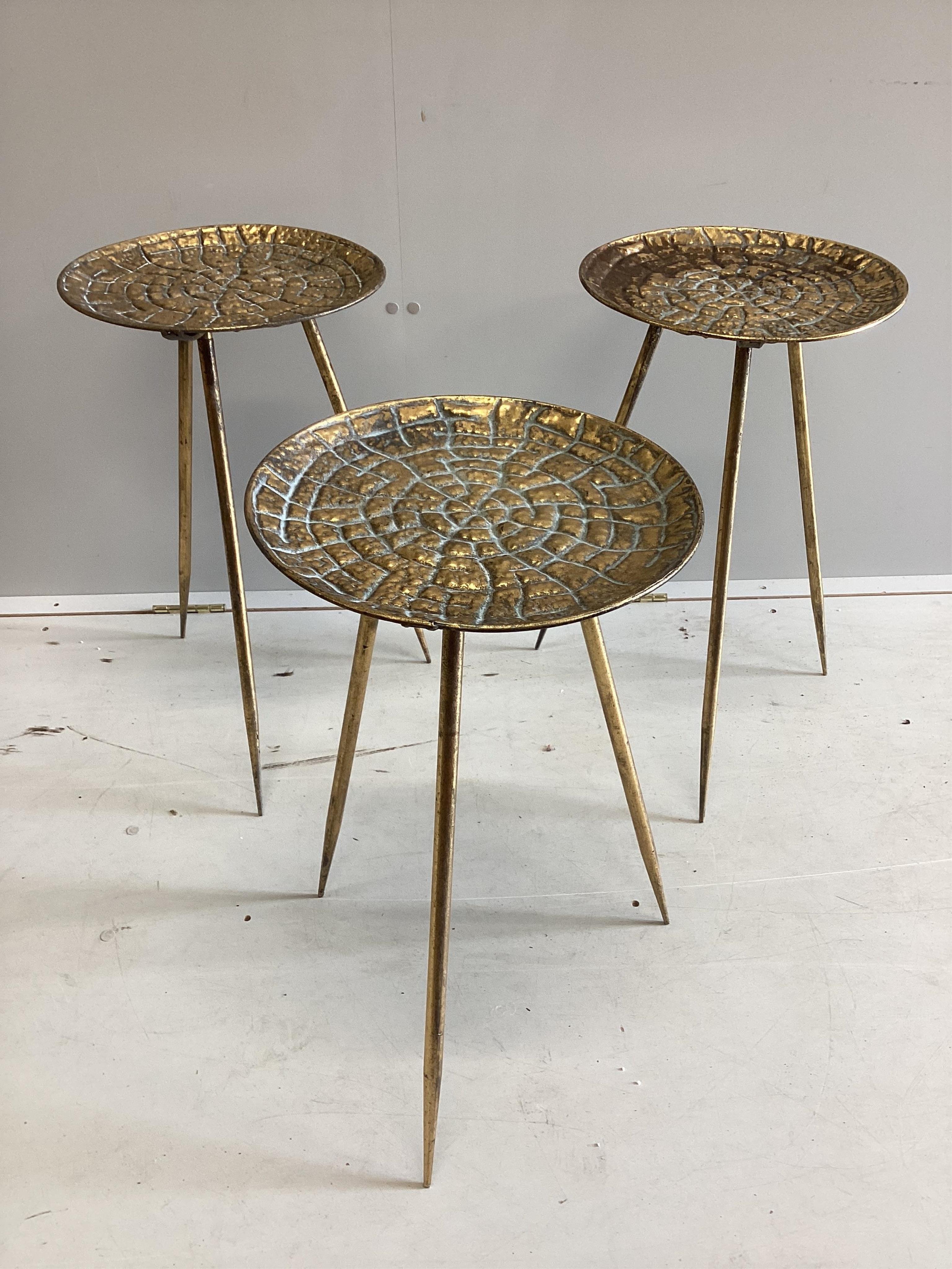 A set of three Contemporary circular gilt metal tripod tables, diameter 34cm, height 59cm. Condition - good